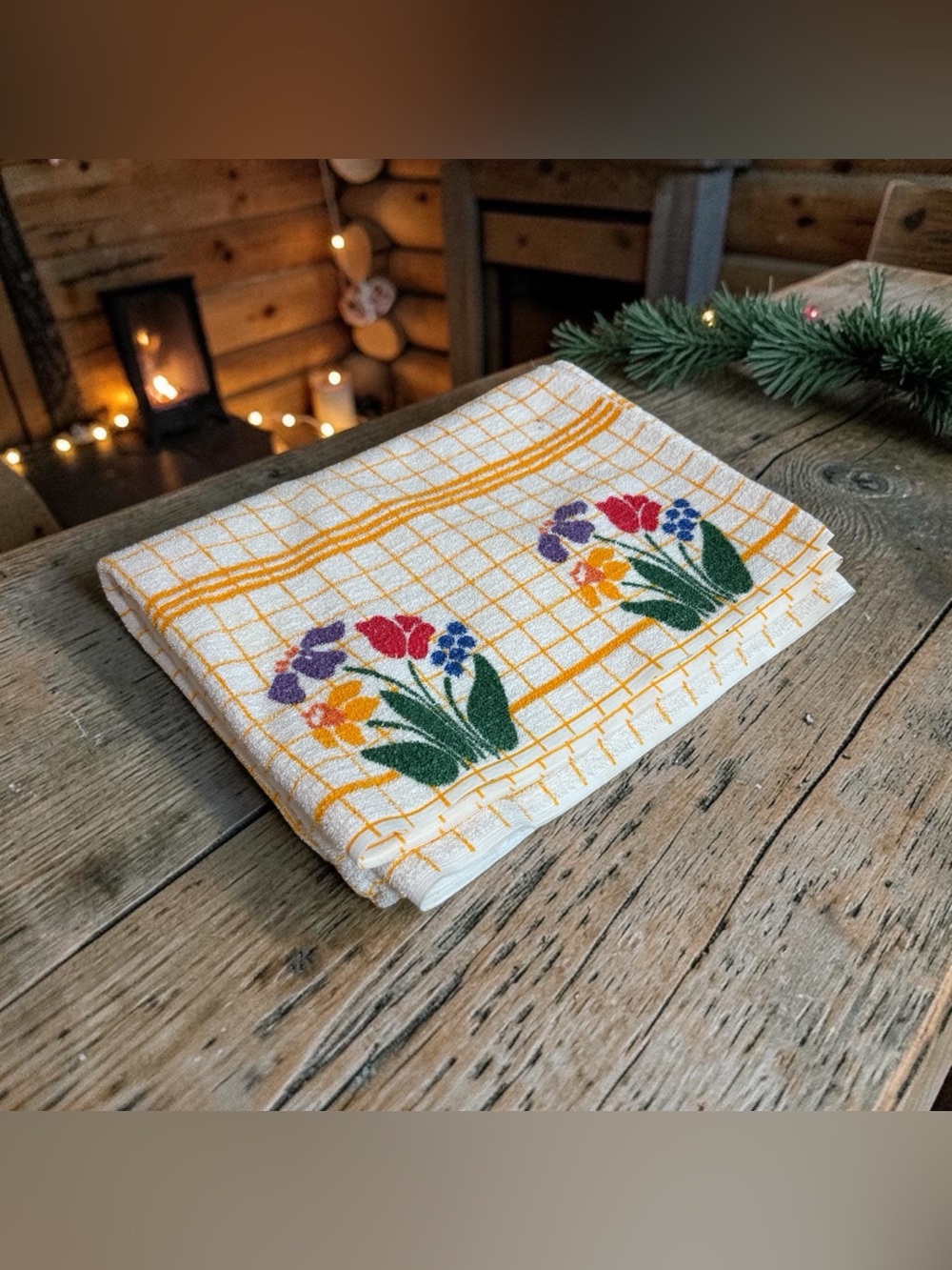 MCM Terry Cloth Tablecloth Floral Honey Orange Grid Spring Flower Border 64x 48”